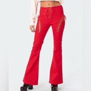Edikted Engine Red Flared Lace Up Jeans XS